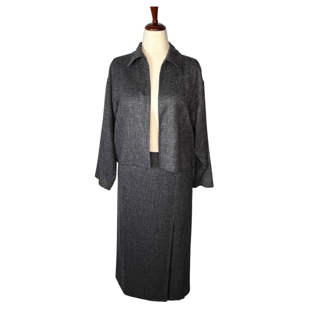 Zoran Matching Set Jacket Skirt Grey Wool Knit Minimalist Lagenlook L XL